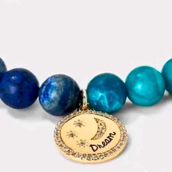 Blue Stretch Bracelet with Gemstones and 14K Gold Dipped Cubic Zirconia Charm - Picture 5 of 6